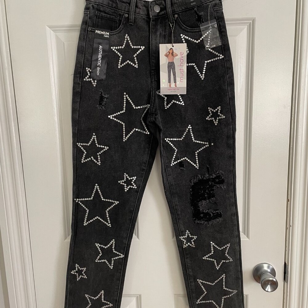 Simple Society Bling Acid Wash Super High Rise Black Straight Jean Size 00/23 - Picture 1 of 13